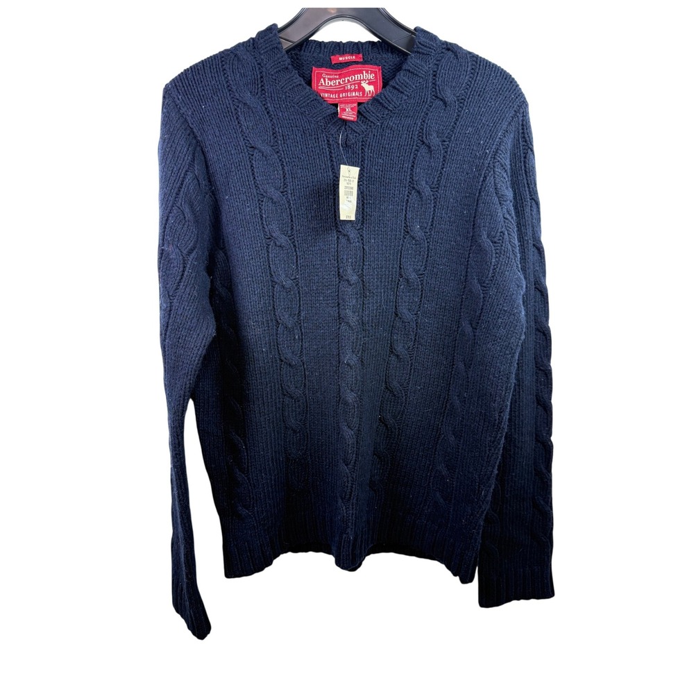Y2k Abercrombie & Fitch Mens XL Navy B Lambswool Blend Cable Knit Muscle Sweate